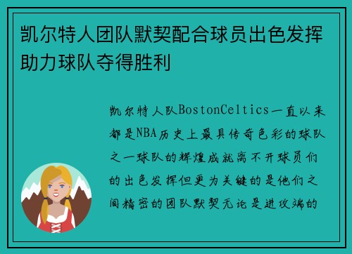 凯尔特人团队默契配合球员出色发挥助力球队夺得胜利