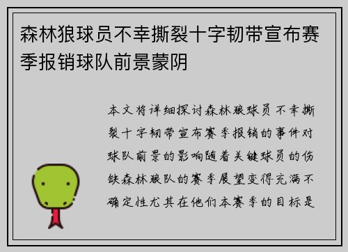 森林狼球员不幸撕裂十字韧带宣布赛季报销球队前景蒙阴
