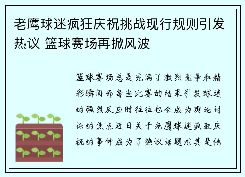 老鹰球迷疯狂庆祝挑战现行规则引发热议 篮球赛场再掀风波