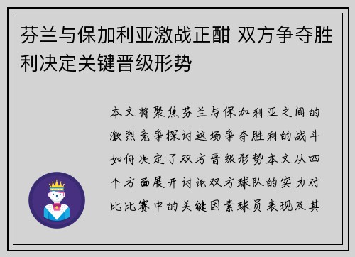 芬兰与保加利亚激战正酣 双方争夺胜利决定关键晋级形势