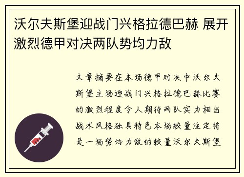 沃尔夫斯堡迎战门兴格拉德巴赫 展开激烈德甲对决两队势均力敌