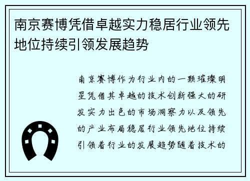南京赛博凭借卓越实力稳居行业领先地位持续引领发展趋势