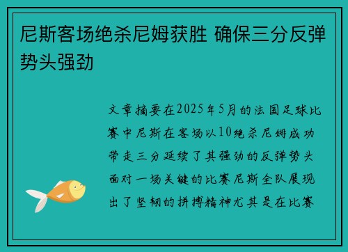 尼斯客场绝杀尼姆获胜 确保三分反弹势头强劲