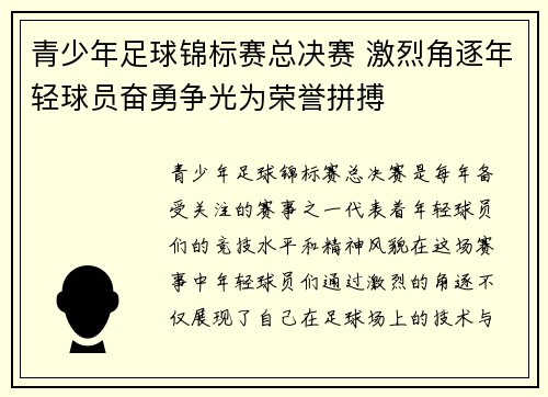 青少年足球锦标赛总决赛 激烈角逐年轻球员奋勇争光为荣誉拼搏