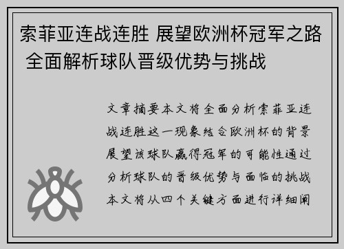 索菲亚连战连胜 展望欧洲杯冠军之路 全面解析球队晋级优势与挑战